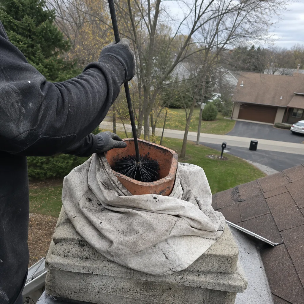 Professional technician performing chimney cleaning and flue sweeping on a rooftop