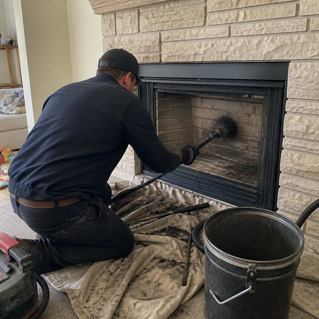 Professional chimney sweep cleaning a fireplace with a brush and vacuum
