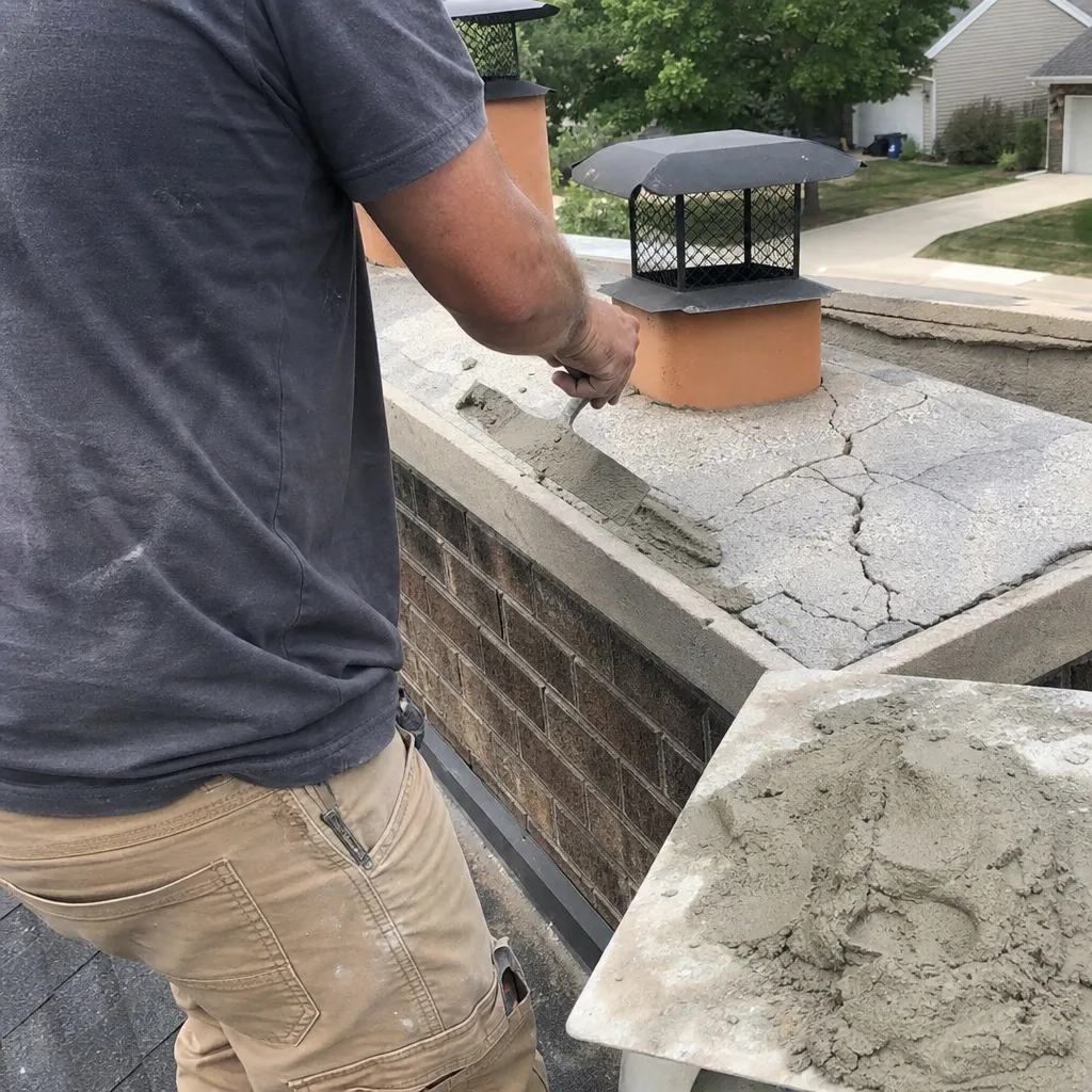 Professional mason applying mortar to repair a damaged chimney crown