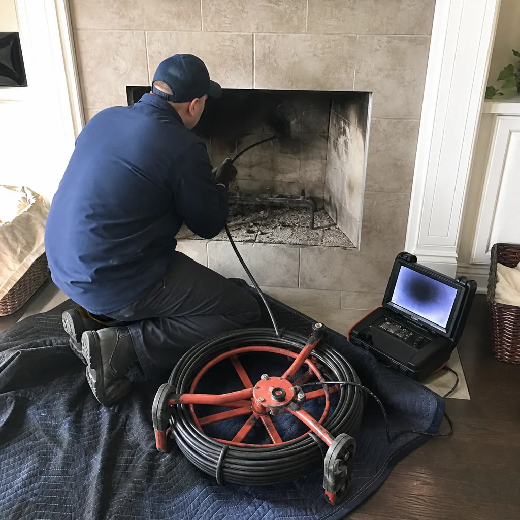 Professional chimney technician performing a video inspection of a fireplace