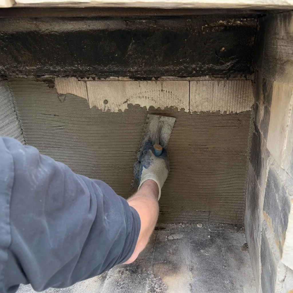 Tradesperson applying mortar with a trowel for fireplace interior repair services