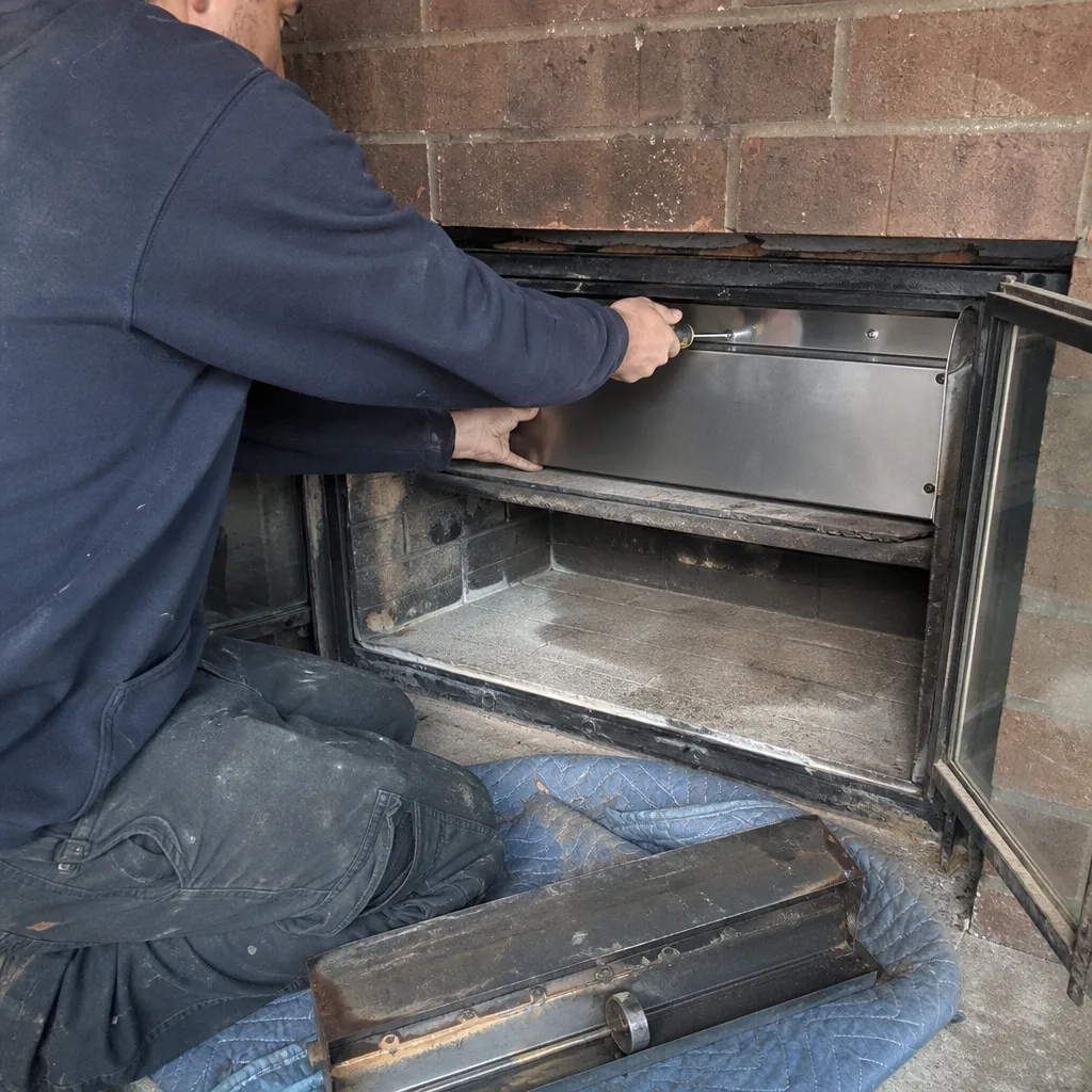 Technician installing new fireplace insert component during professional chimney maintenance